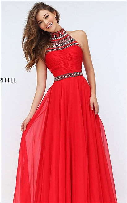 Ruching Long Red Prom Dresses 2016 Halter Jeweled Open Back Sherri Hill 50182