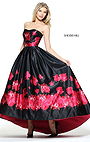 Strapless Open Back Sherri Hill 51055 Straight Neckline Floral Printed Black/Red 2017 High Low Satin Prom Dresses