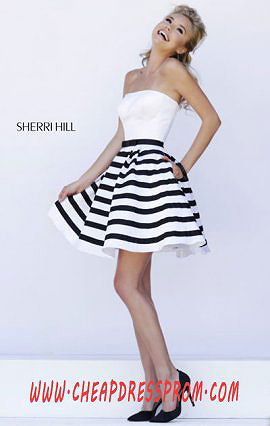2015 Sherri Hill 32200 Strapless White/Black Striped Short Bodice Cocktail Dresses