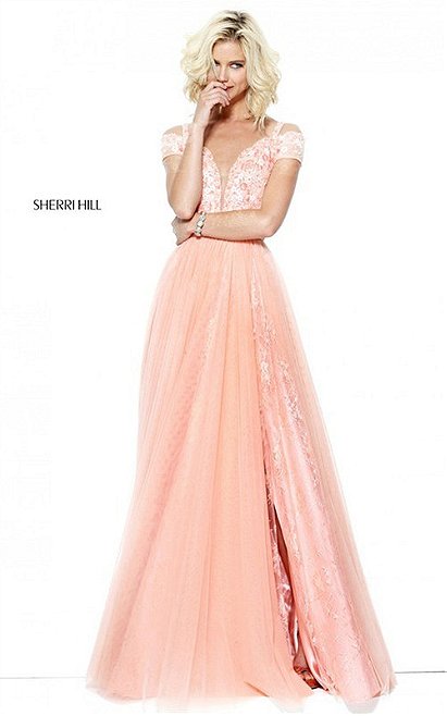 2017 Prom Floral Sherri Hill 50874 Embroidered Peach Slit Long Dress