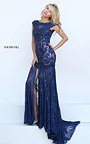 Navy/Nude Sherri Hill 50023 Cap Sleeve Lace Evening Gown