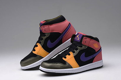 Womens Nike Jordan Retro 1 Mid GS Black/Yellow with Purple and Pink Color Trainers