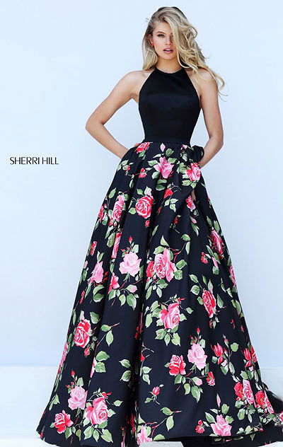 2016 Scoop-Neck Black/Red Floral Printed Sherri Hill 50333 Long Bodice Prom Dresses