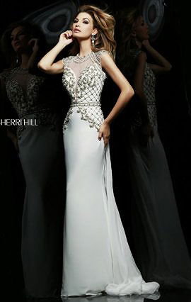 Beads 2015 High-Neck Ivory Open-Back Sherri Hill 4327 Long Bodice Prom Dress [Sherri Hill 4327 Ivory] - $199.00