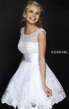 Sherri Hill 4302 Beads Cap Sleeves White Affordable Short Lace Prom Dress