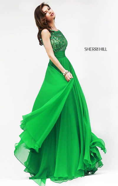 2015 Beaded Bateau-Neck Sherri Hill 11170 Emerald Long Chiffon Prom Dress