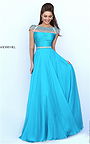 2016 U-Back Beaded Ruched Sherri Hill 50414 Turquoise Prom Dress Long
