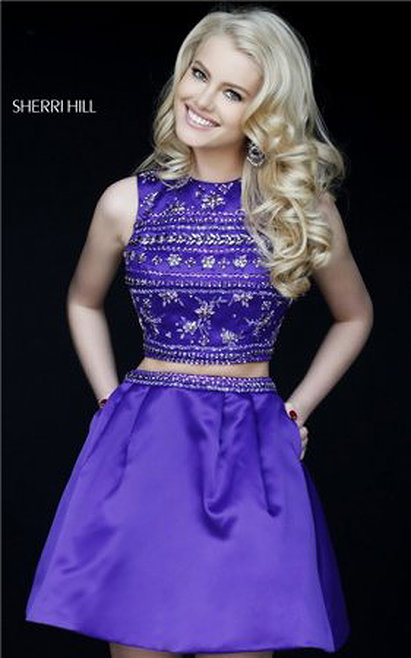 Purple Prom Dress 2015 Beaded High Neck Two Piece Sherri Hill 32269 2015