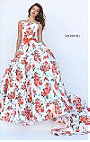 Open Back Ivory/Orange 2017 Sherri Hill 50484 Boat Neckline Floral Printed Long Evening Gown