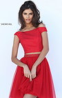 High Neck Beaded Bodice Red Two Piece Sherri Hill 50497 Cap Sleeves Pleated Short Tulle Prom Dresses Cheapest