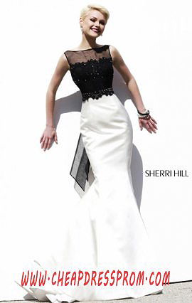 2015 Bateau-Neck Black/Ivory V-Back Sherri Hill 32036 Beaded Long Bodice Prom Dresses