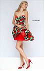Cheap Sherri Hill 50028 Sweetheart Neck Red A-Line Short Floral Print Homecoming Dresses Strapless