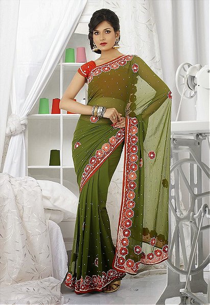 Green Color Chiffon Designer Saree