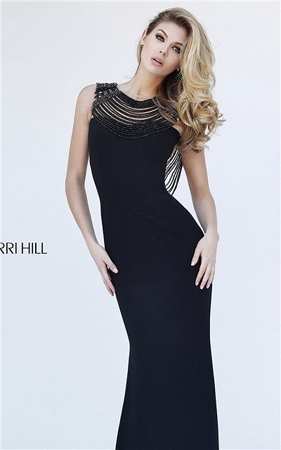 Cheap Rhinestone Draped Sherri Hill Style 32292 Fitted Black Long Evening Dress Cheap