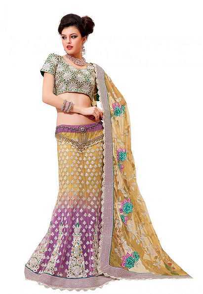Yellow Purple Color Net Designer Lehenga Choli Designs