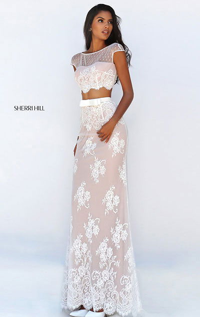 Sherri Hill 50334 Two Piece Ivory/Nude 2016 Cap Sleeves Lace Applique Patterned Long Evening Dresses